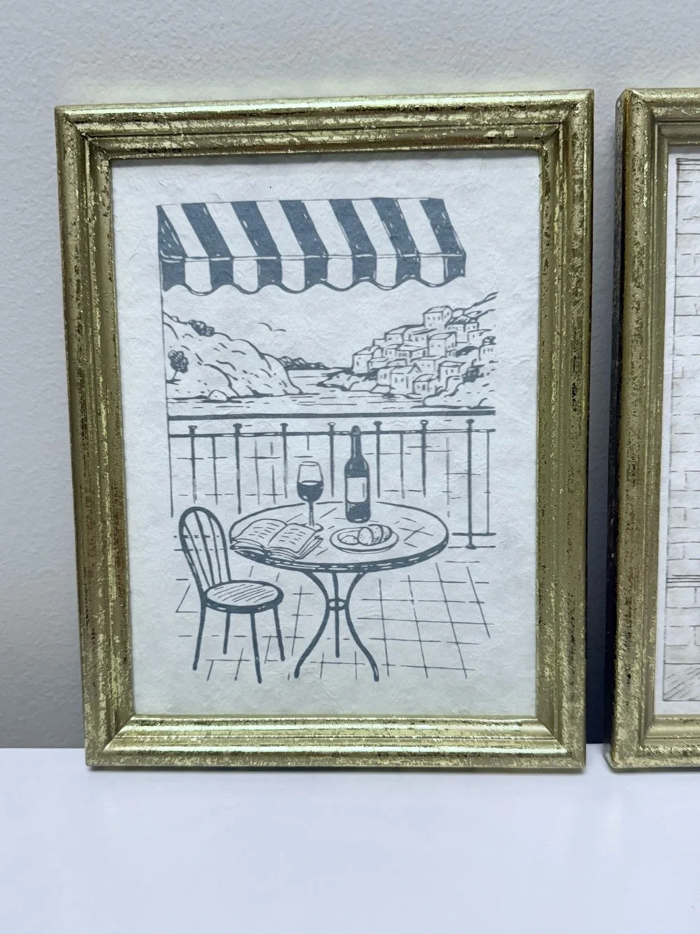 Set of Two Gold-Framed Art Prints - Café Patio and Townhouse Scenes, New!